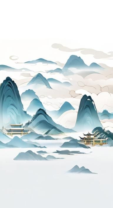 Chinese Landscape Painting with Cloud Peaks and Pavilions