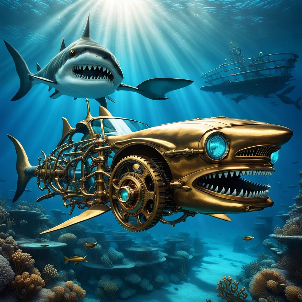 A mesmerizing underwater whimsical cyborg steampunk shark  with wheels gracefully cruising through the vibrant blue ocea...