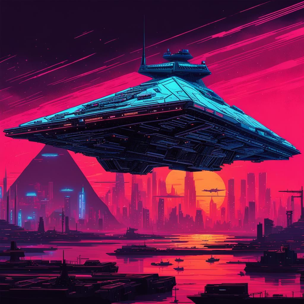 Cyberpunk Star Destroyer in Neon Cityscape