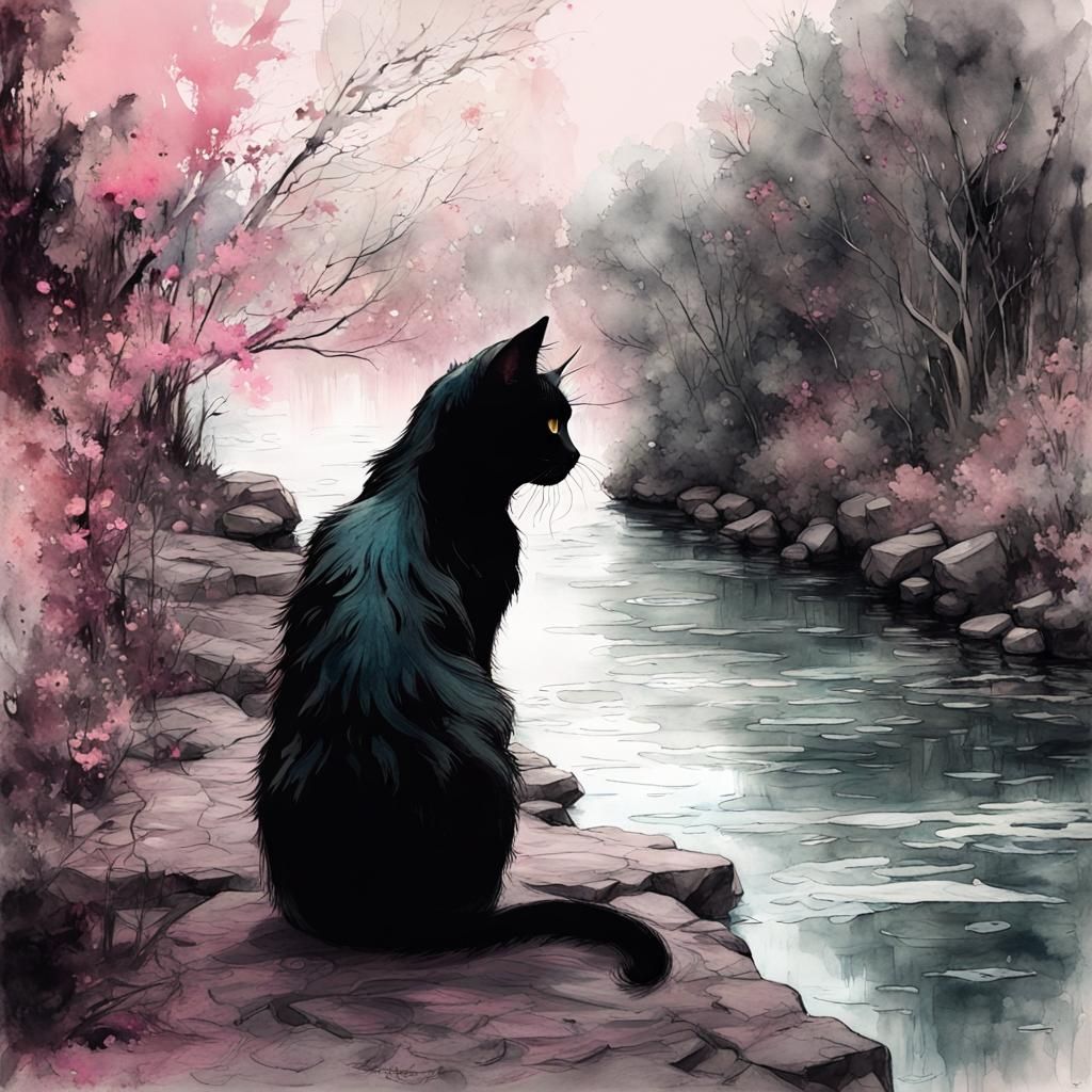 Black Cat in Fantasy Watercolor Fairytale