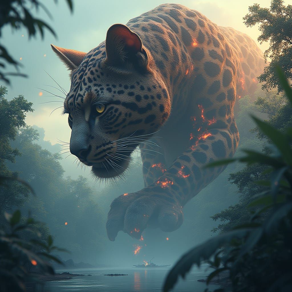 Surreal Amazonian Feline Goddess Unveiled in Double Exposure