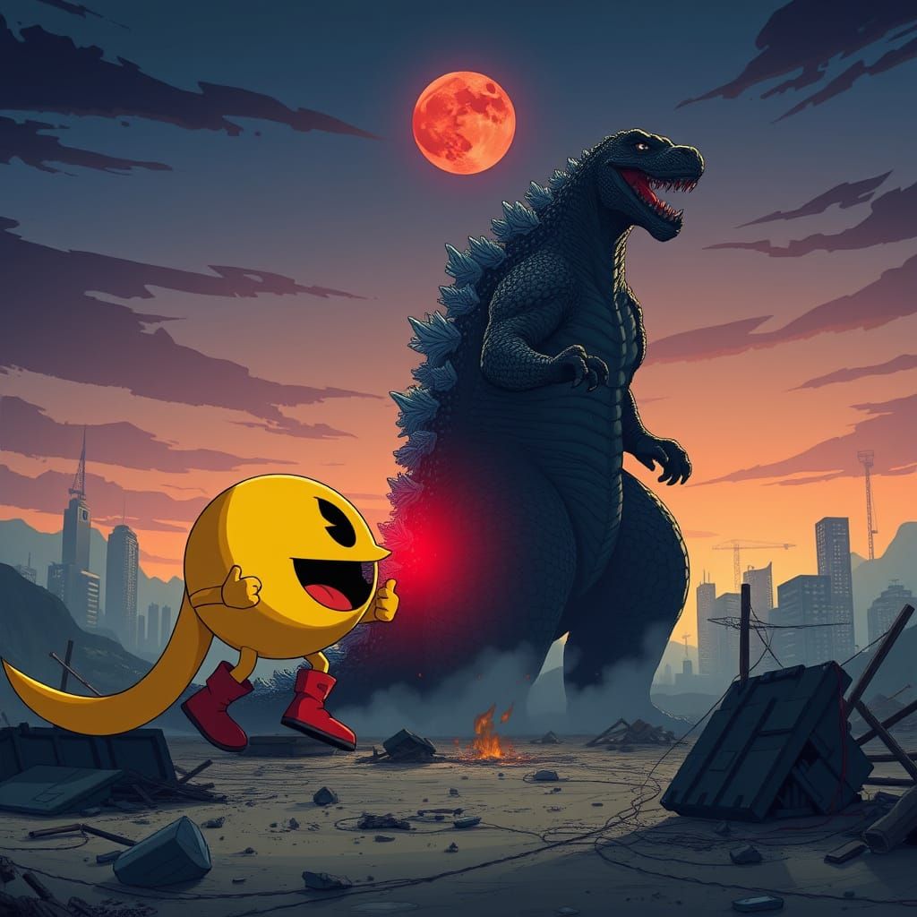 Godzilla Meets Pac-Man in an Epic Twilight Showdown