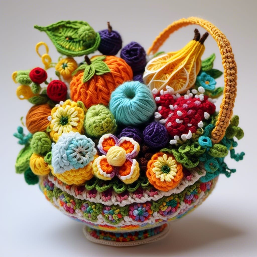 Colorful Crocheted Fruit Basket in 3D Digital Art