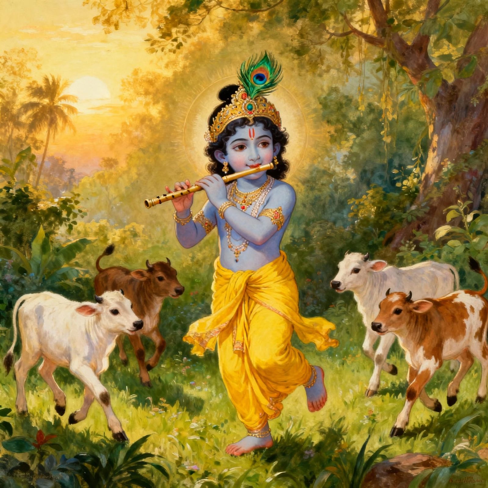 Little Krishna with Calves in Nature, Indian Miniature Style