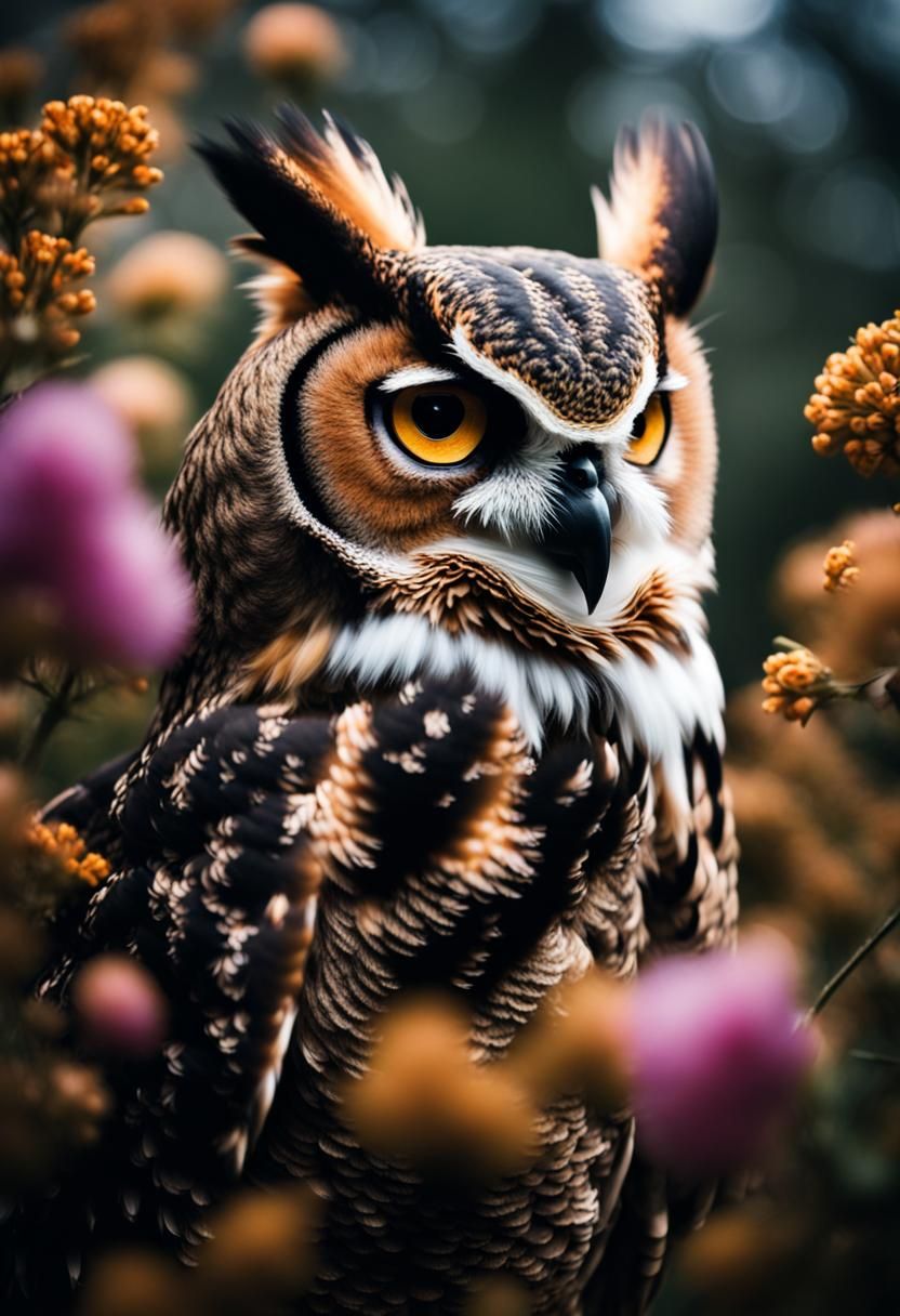 Great Horned Owl Portrait with Floral Accents