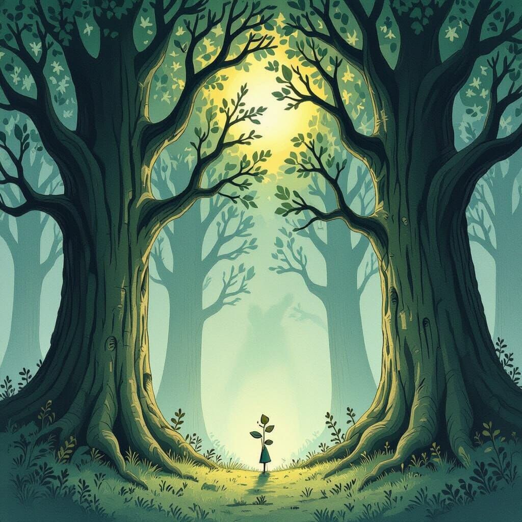 Whimsical Children's Book Illustration of Sad Sapling Under ...