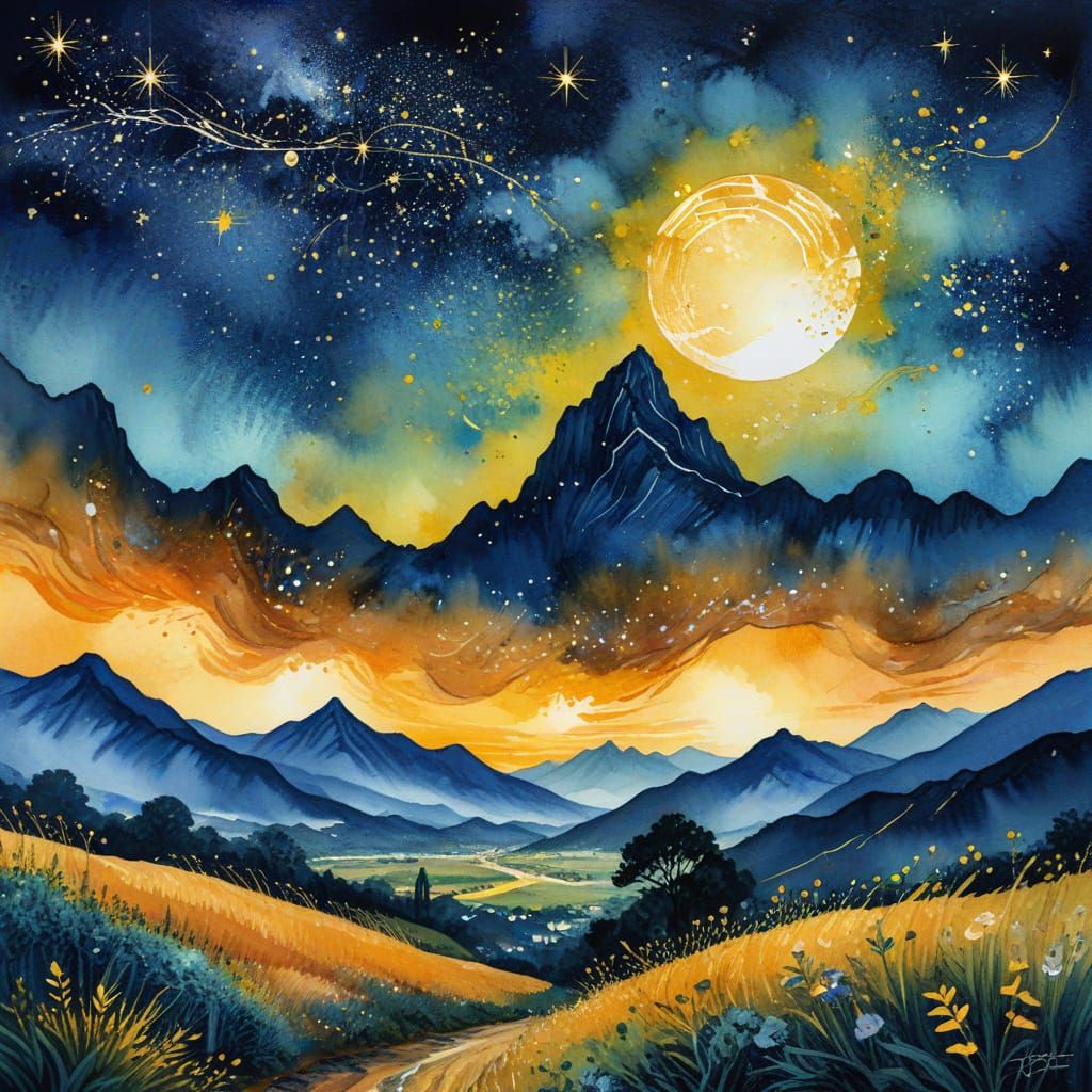 Thai Mountain Overlooking Countryside in Watercolor Style