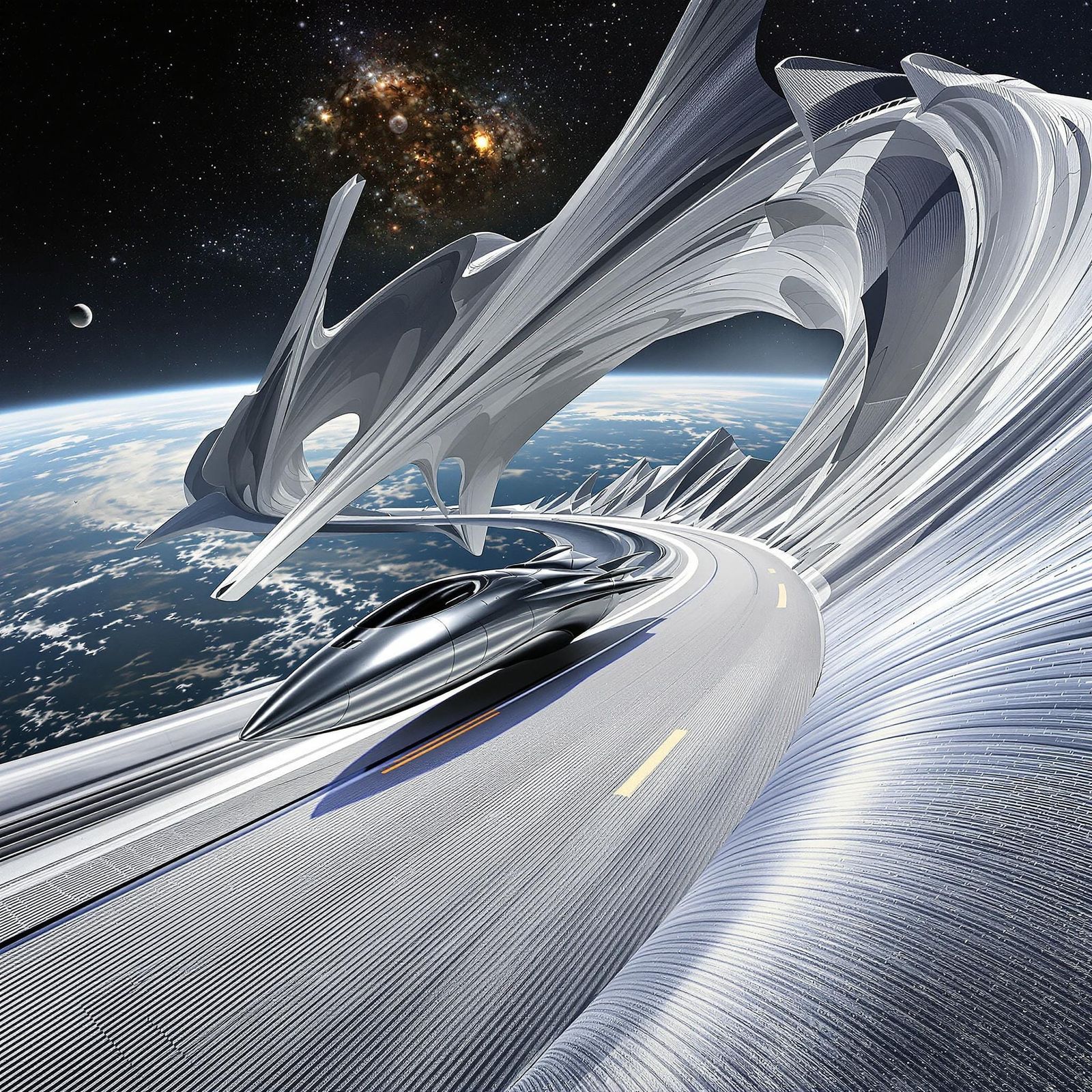 Futuristic Spacecraft on Rippling Freeway in Space Ring