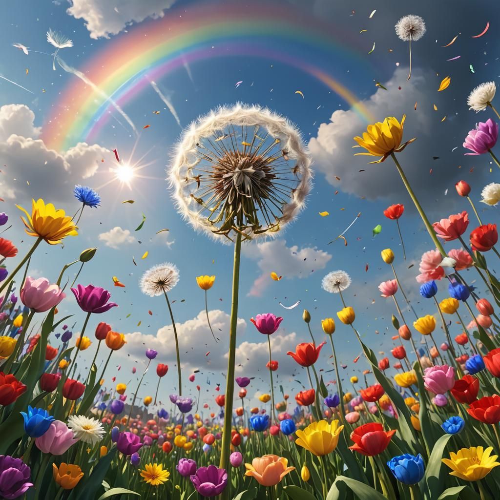 Dandelion Flight Over Tulip Fields, Anime-Style Art