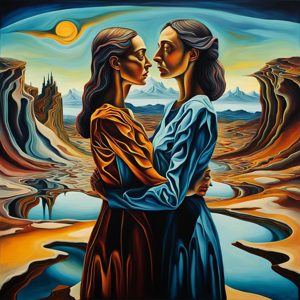 Surreal Mother and Daughter in Dreamlike Landscape