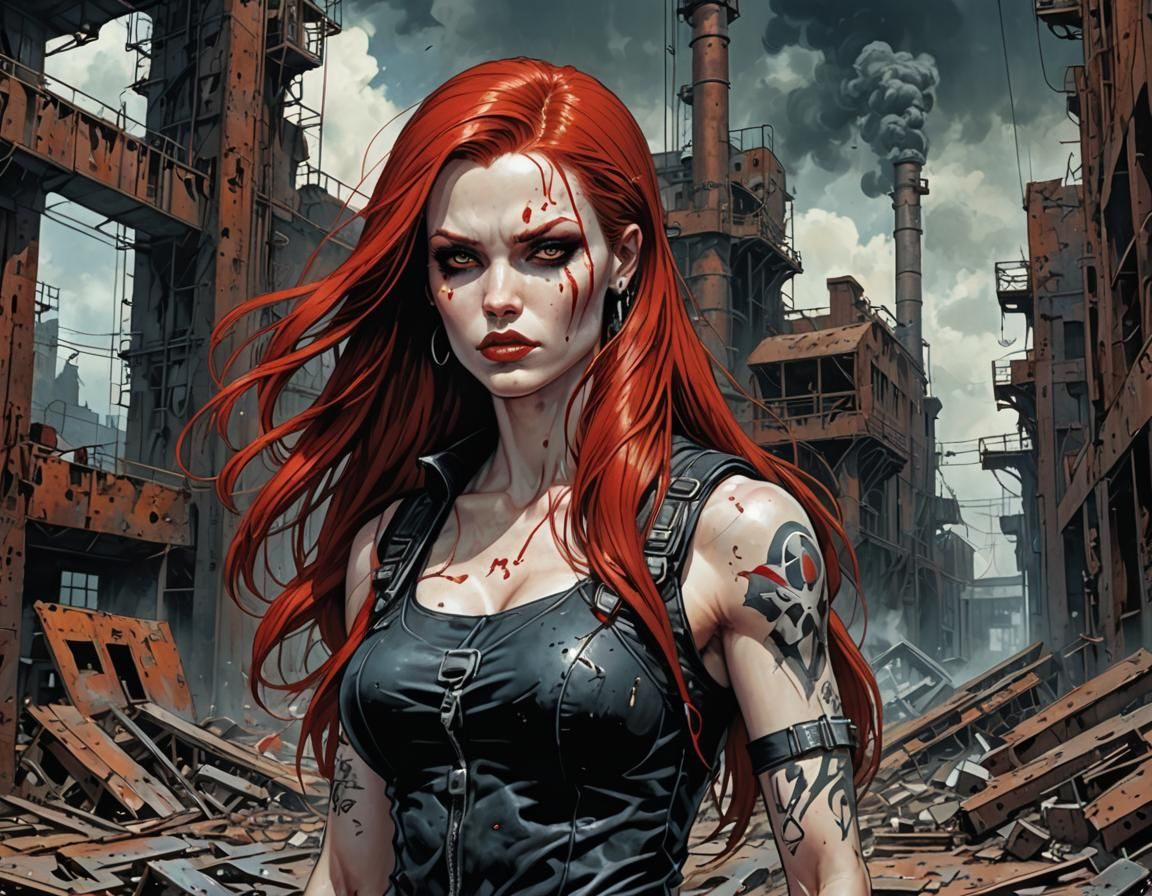 Goth Punk Woman in Abandoned Factory, Comic Book Art