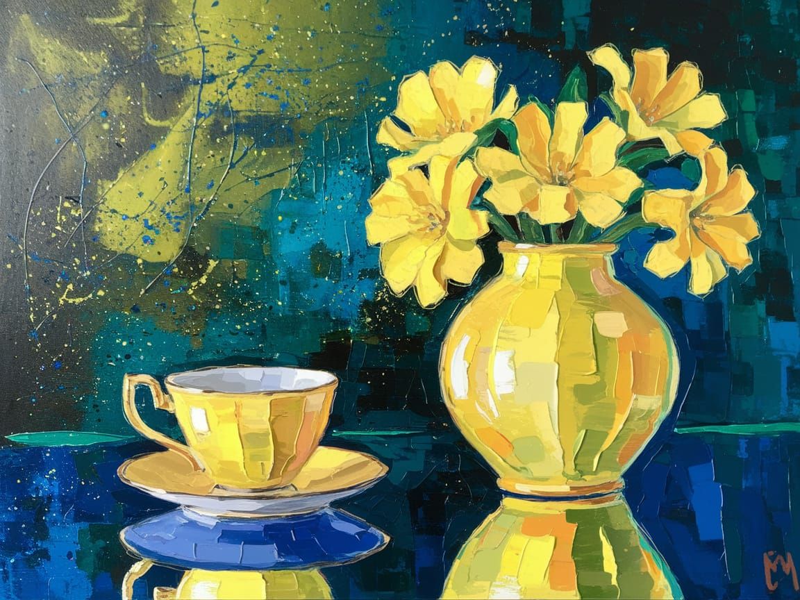 Vibrant Yellow Still Life Painting with Expressive Brushstro...