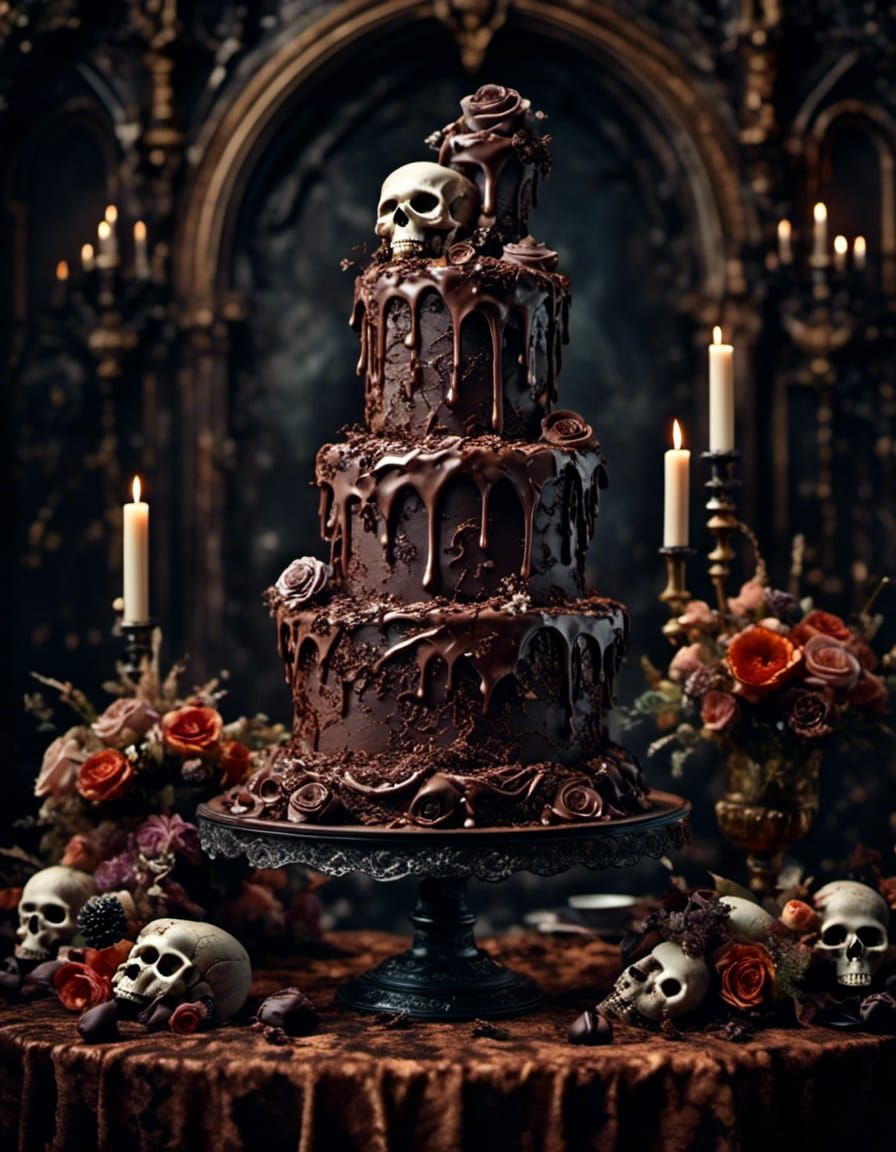 <lora:Adorable 3D Real:1.0> gothic melted chocolate wedding cake intricate details, old skulls, HDR, beautifully shot, h...