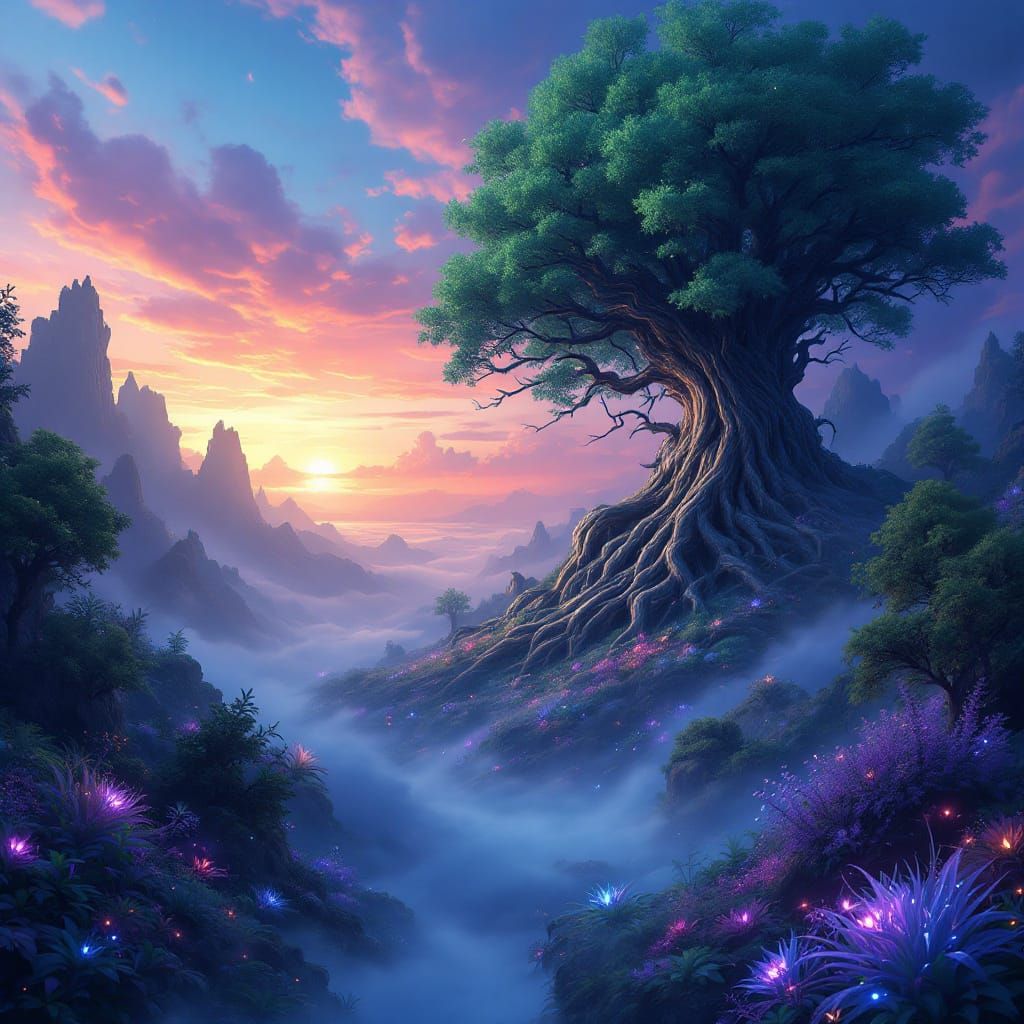 Mystical Realm: Ethereal Landscape with Bioluminescent Flora