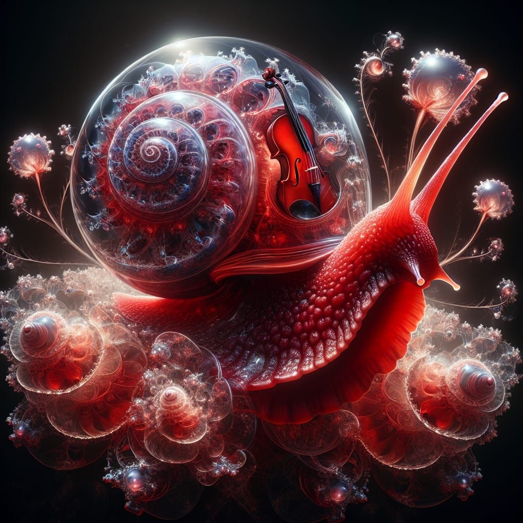 Blood-Red Snail with Glass Shell and Fractal Plants