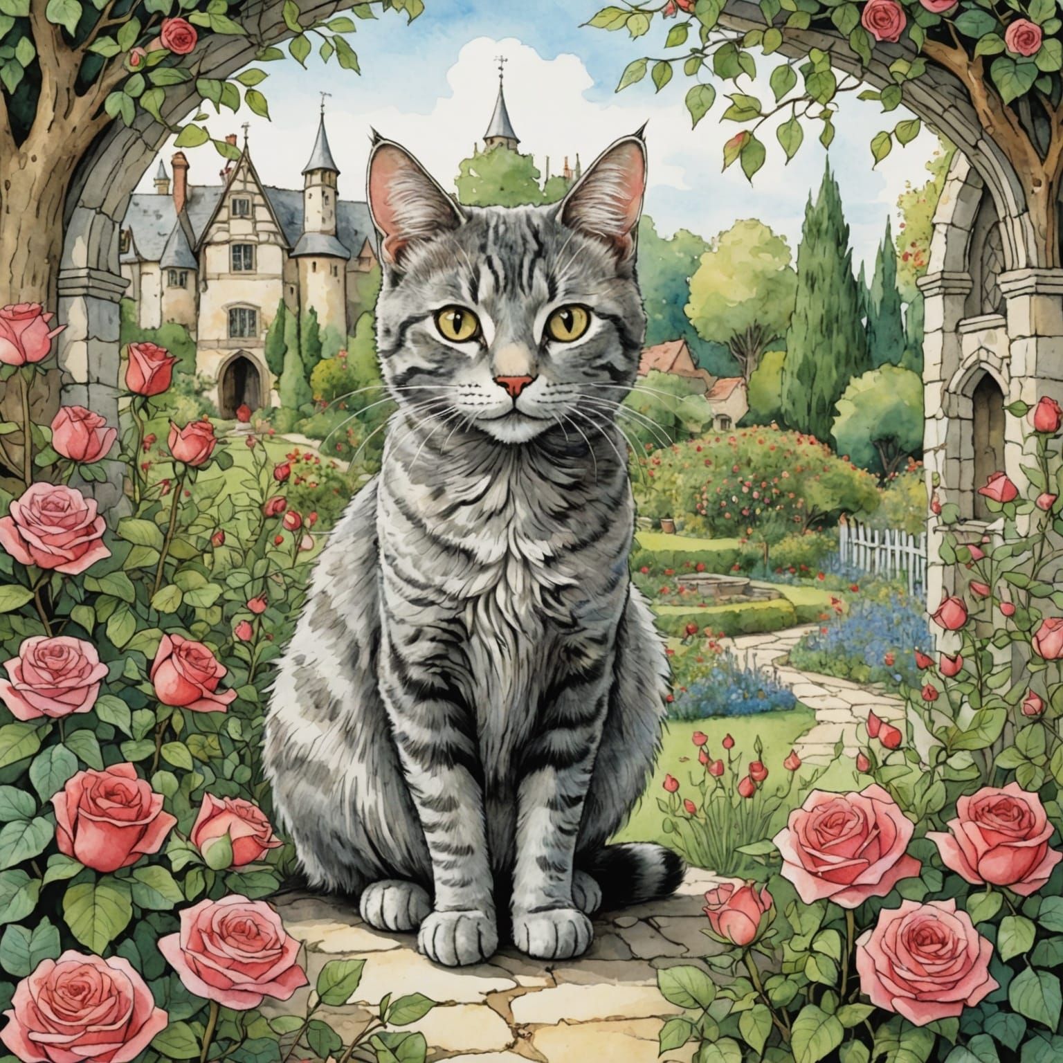 Gray Cat in Rose Garden Storybook Illustration