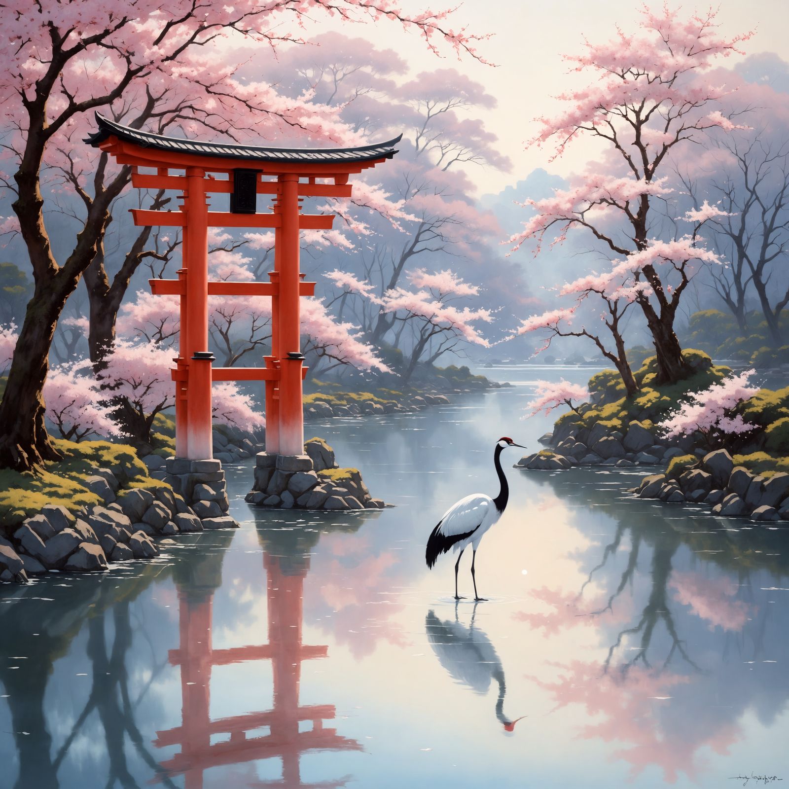 Ethereal Japanese Landscape with Majestic Red-Crowned Crane