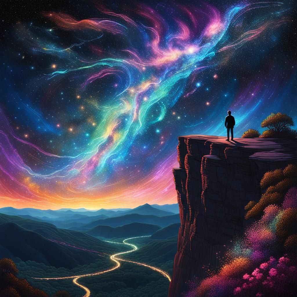 Cosmic Figure Gazing at Starry Sky, Mixed Media