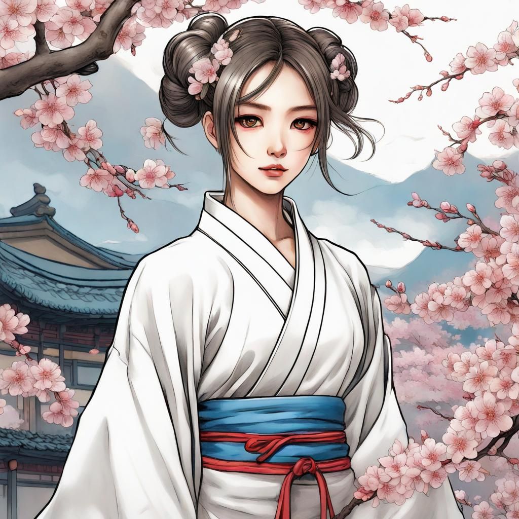 Anime Girl Coloring Page in Traditional Chinese Painting Sty...