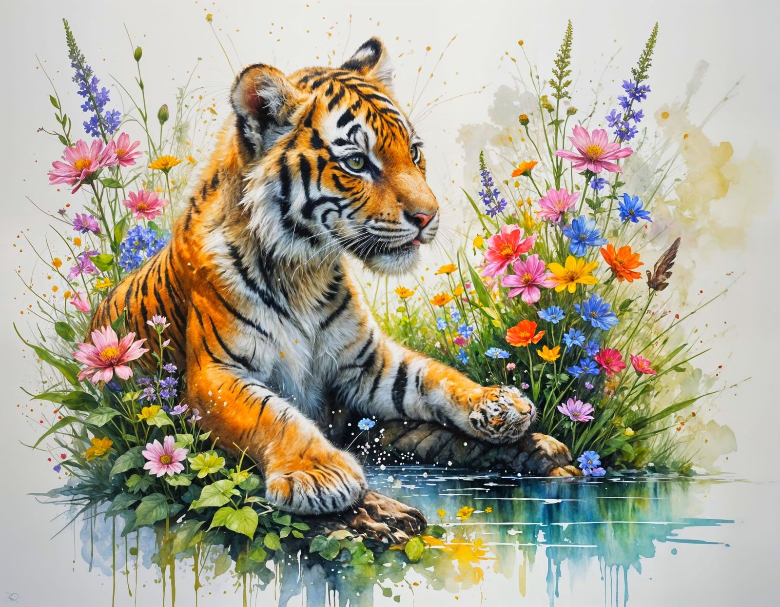 Tiger Cub in Sunlit River Garden, Watercolour Art