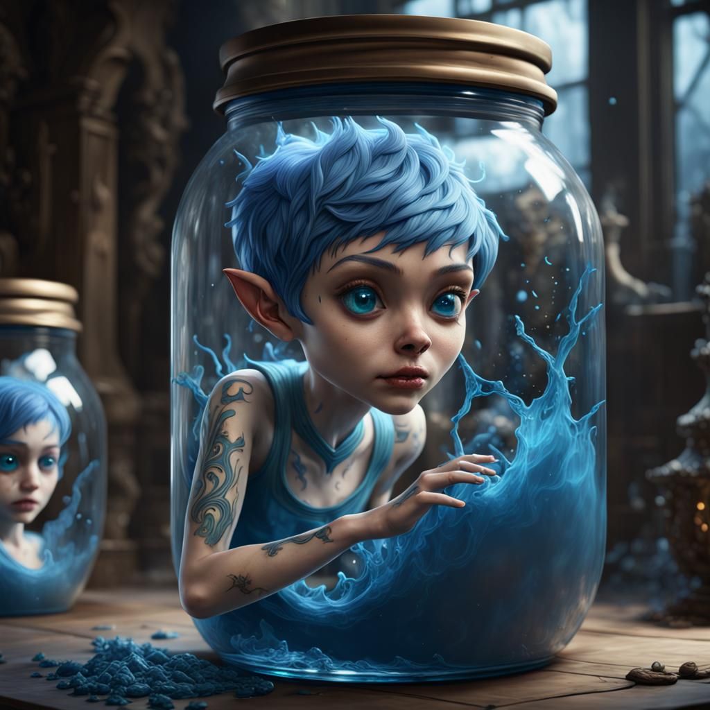Blue Pixie Trapped in Jar: Fantasy Concept Art