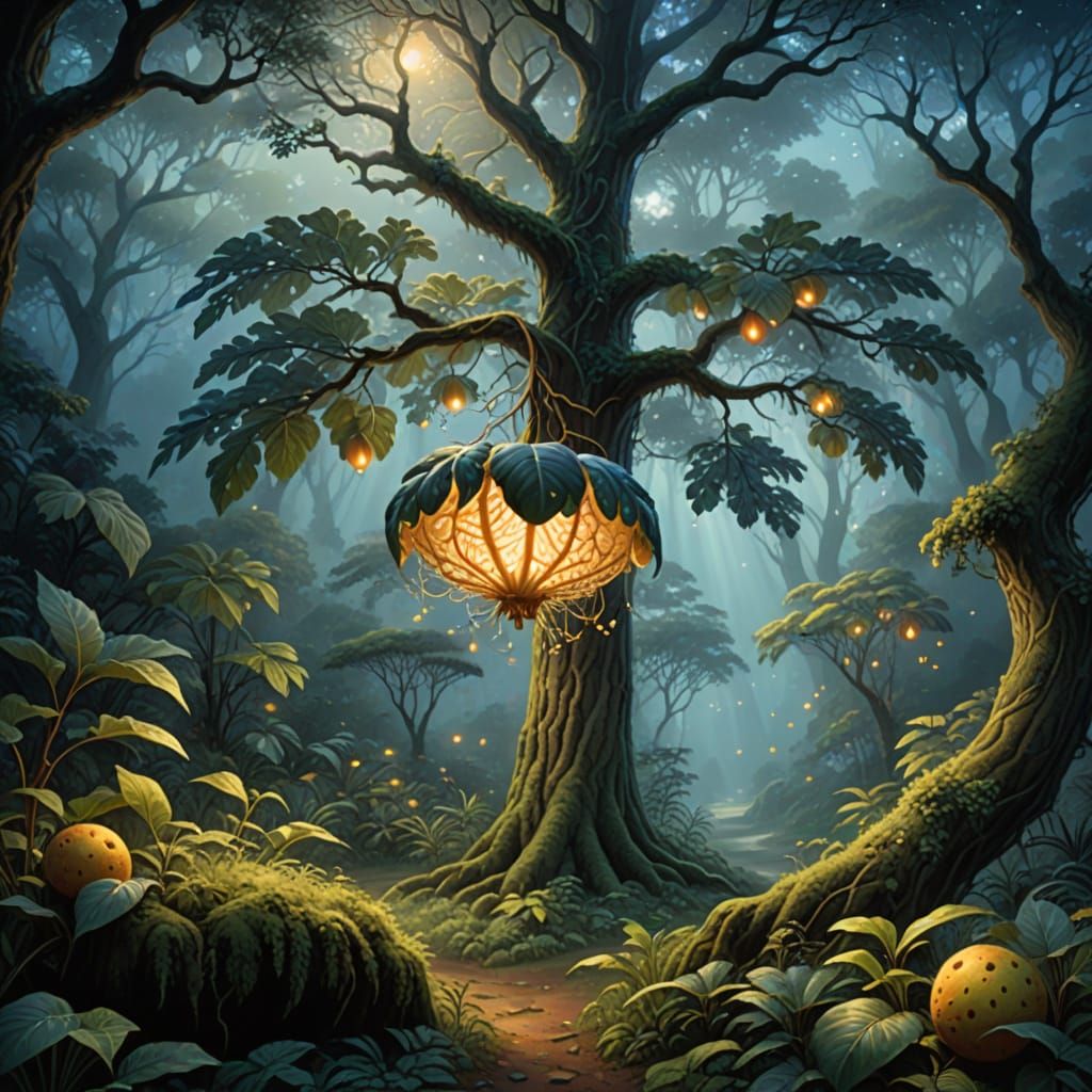 Majestic Bread Fruit Tree in Whimsical Fantasy Landscape