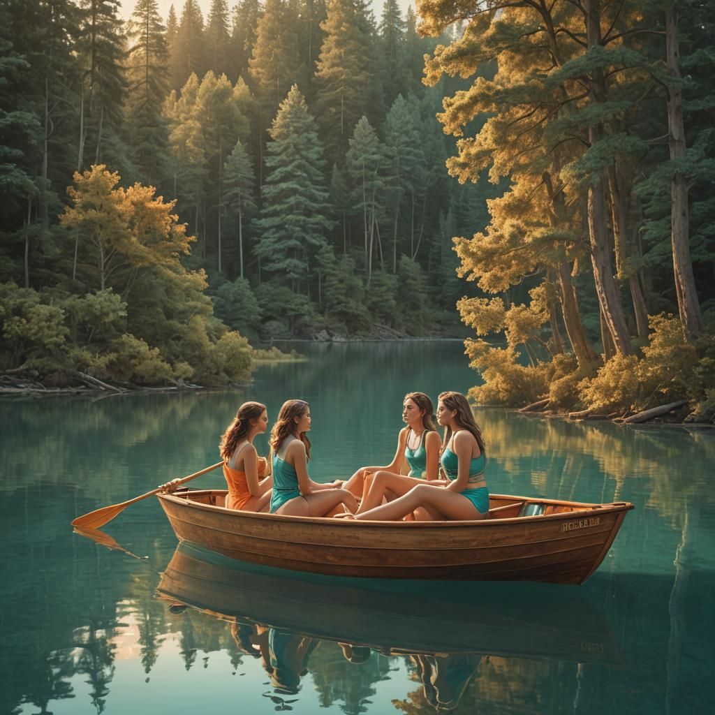 Teenage Sisters Enjoy Serene Summer Lake Scene in Vibrant Co...