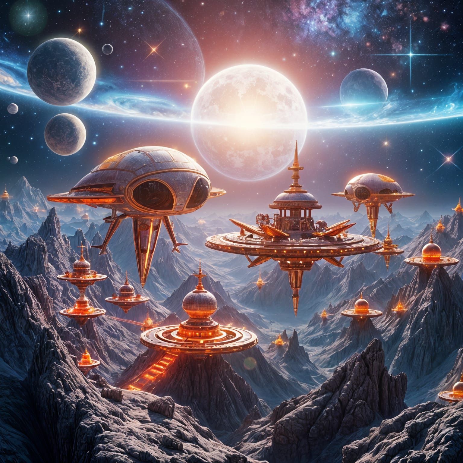 Surreal Cosmic Landscape with Shining Alien Civilization