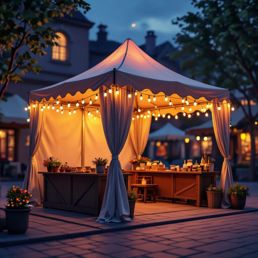 Cozy Market Booth with Tent and String Lights