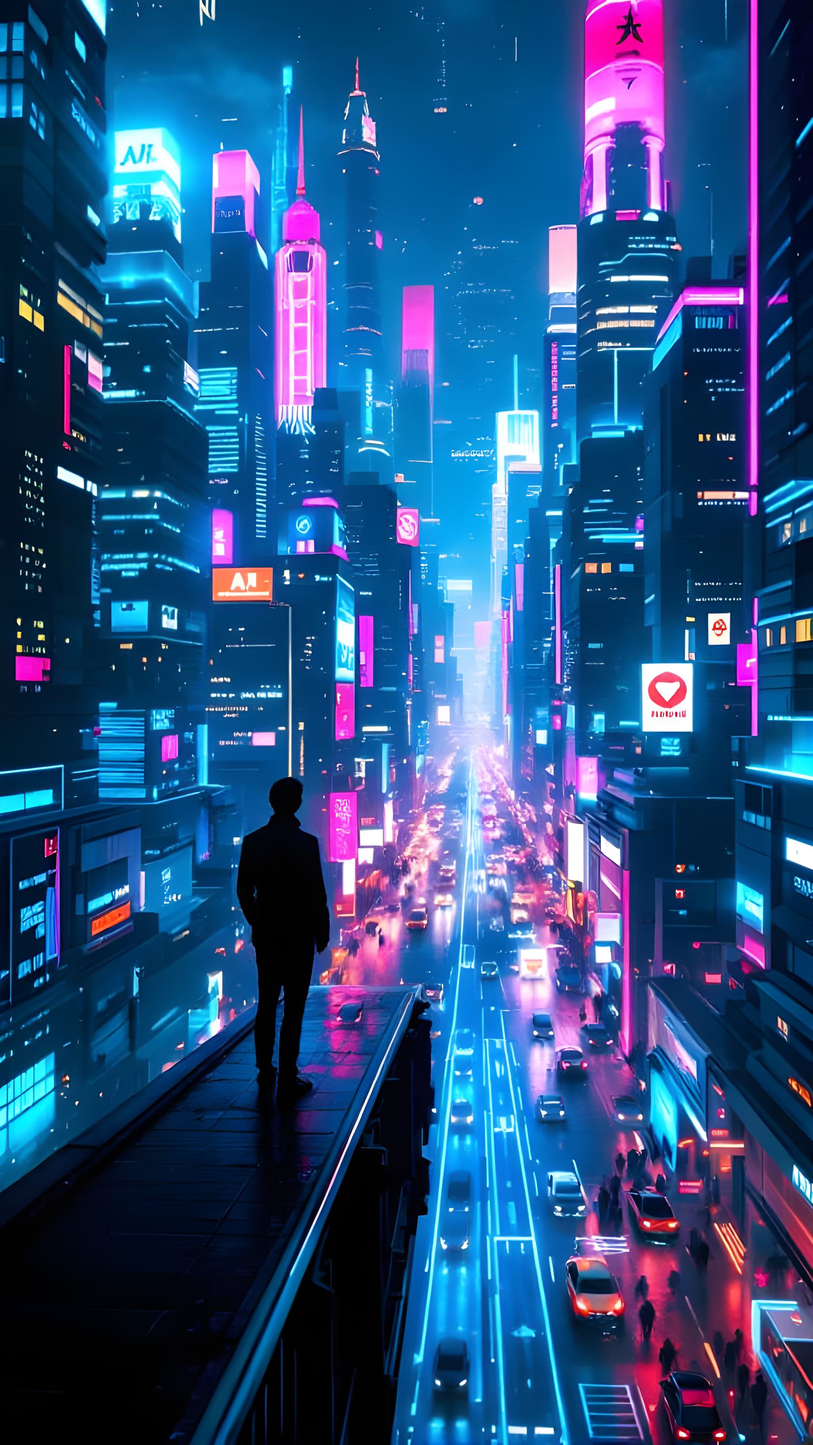 Neon Megacity at Night with AI Data Streams