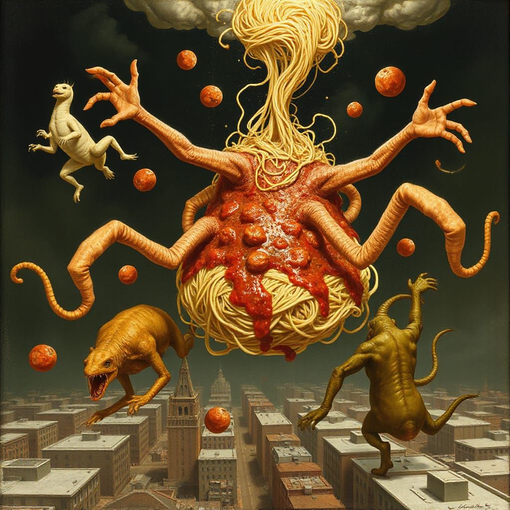 Flying Spaghetti Monster Battles Cthulhu in Baroque Style