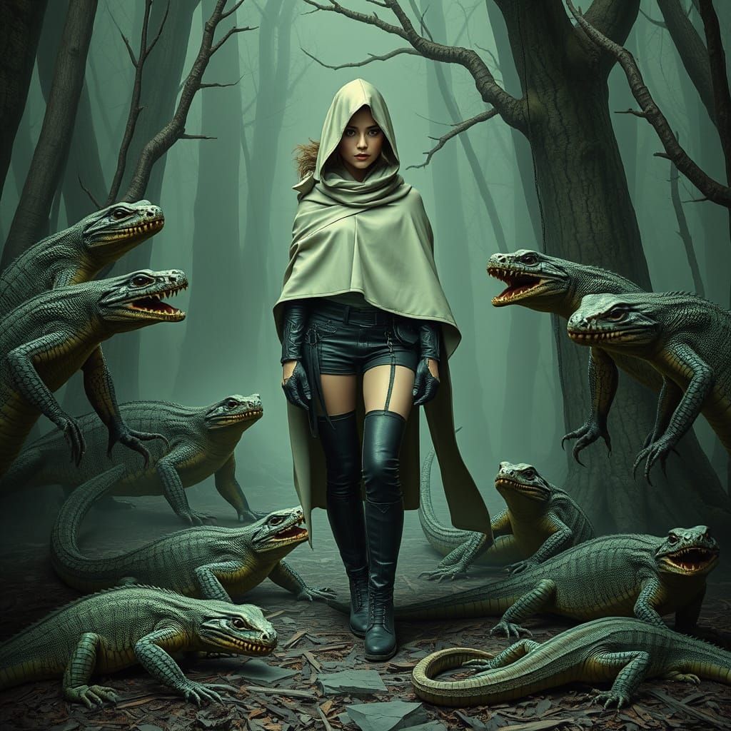 Dark Gothic Heroine Enshrouded by Reptilian Creatures in a B...
