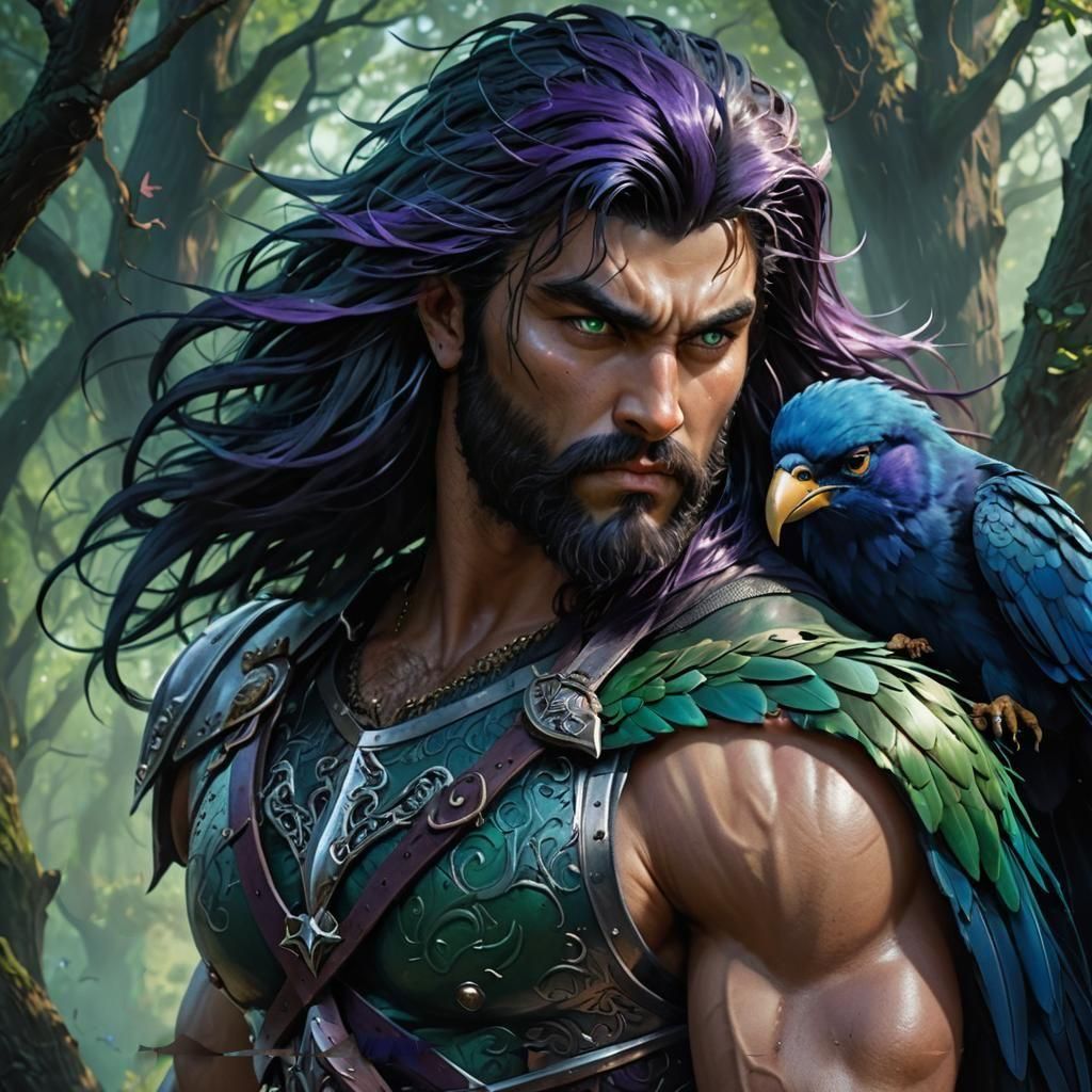 Muscular Half-Giant with Electric Bird: Fantasy Art