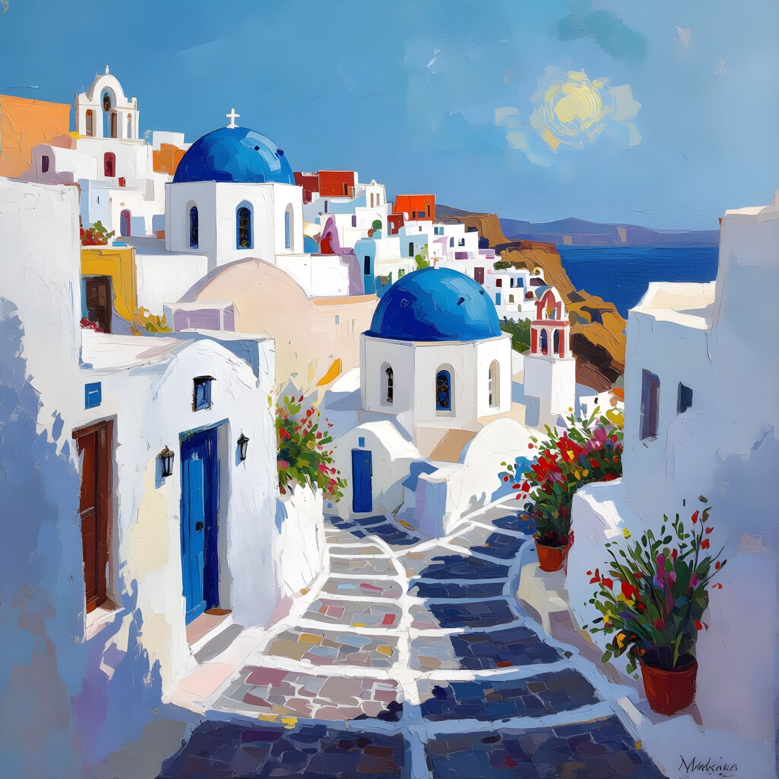 Santorini Street Scene in Bold Impasto Style