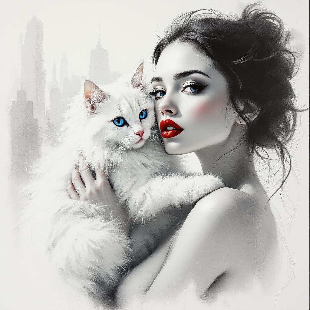 White Fur Cat With Blue Eyes And Red Lips