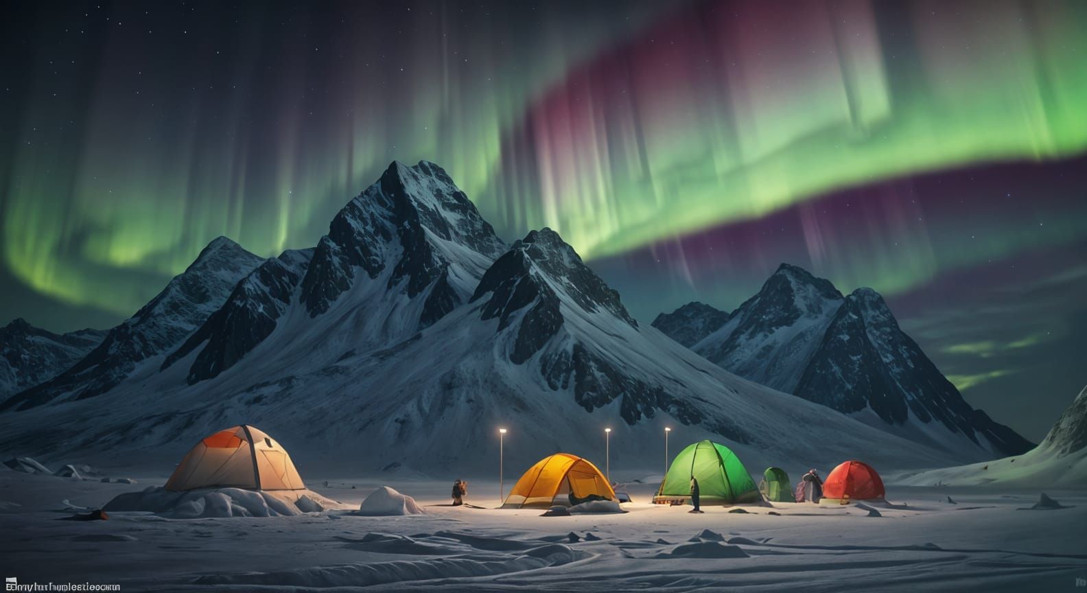 Colorful Aurora Over North Pole Tent, Detailed Matte Paintin...