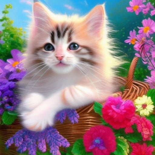 Kitten with flower basket