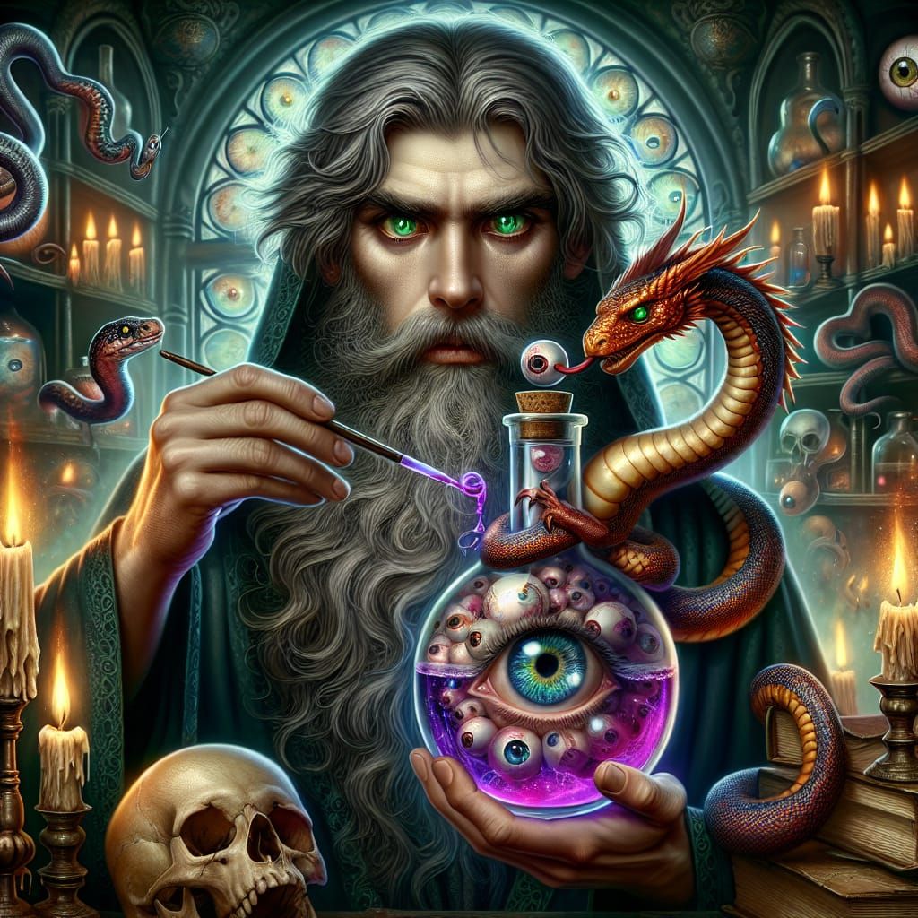 Ethereal Wizard in Magical Alchemy Laboratory