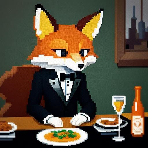 Anthropomorphic Fox at Dinner Party in Pixel Art