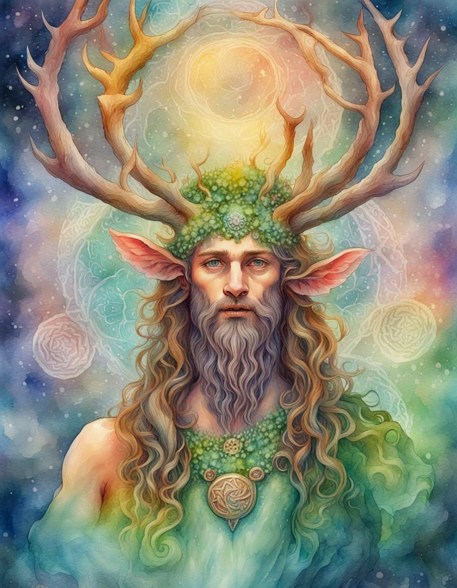 Cernunnos at Imbolc in Watercolor Style