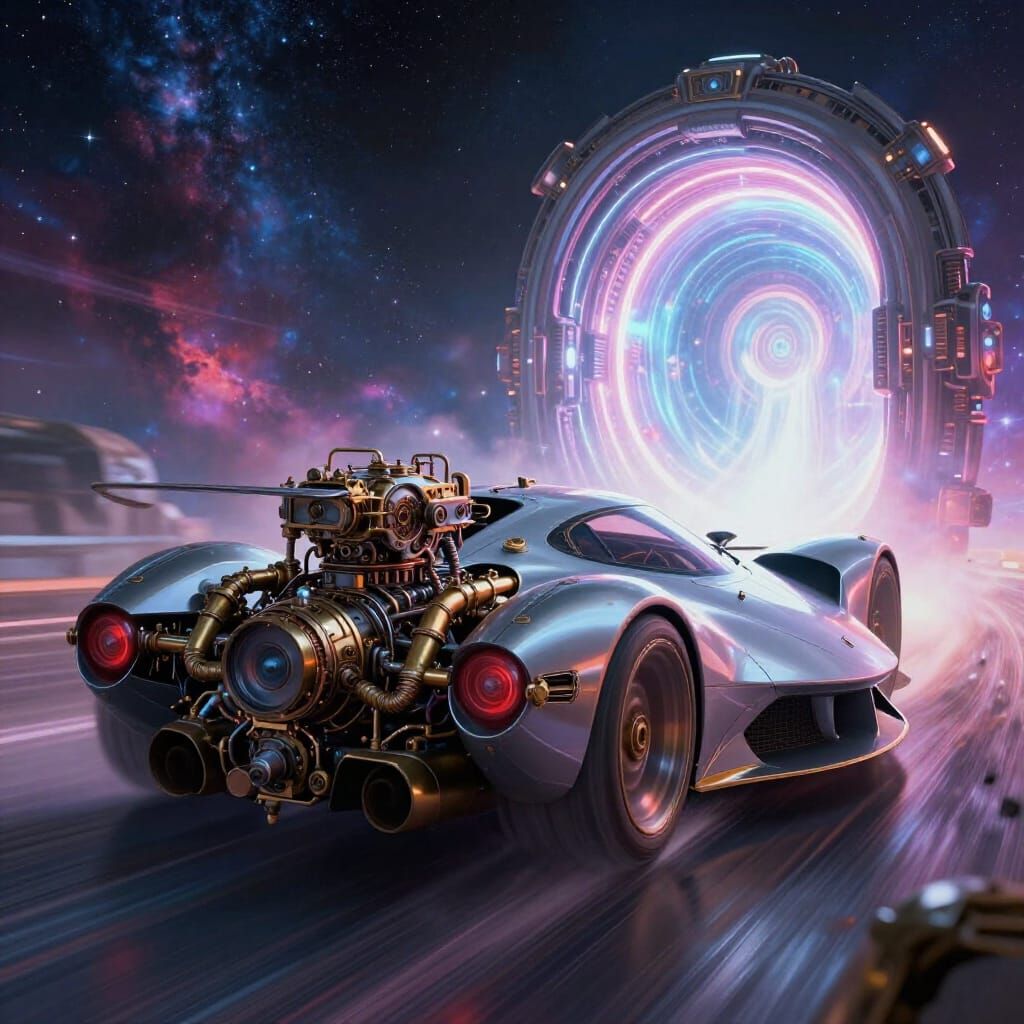 Cyberpunk Car Time Machine in Cosmic Portal