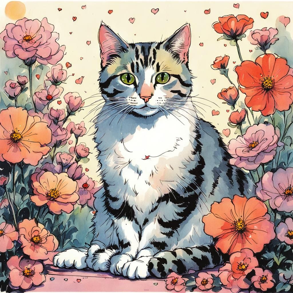 Cute Cat with Flowers, Cartoon Style