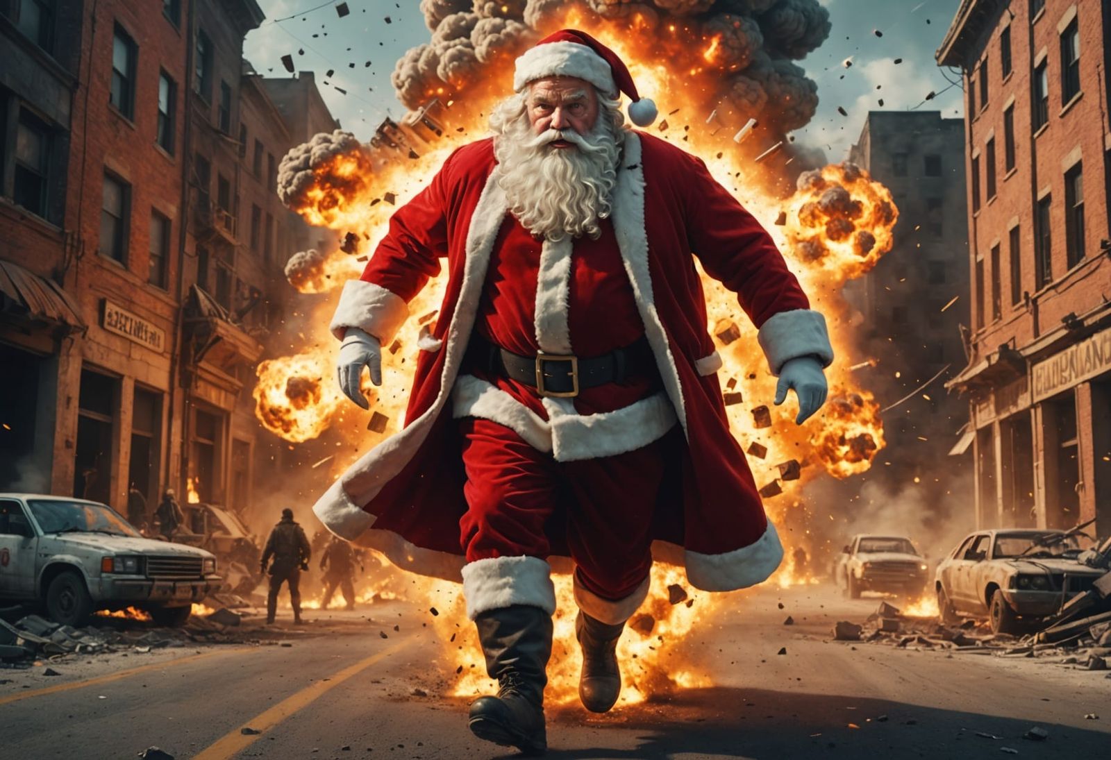 Cyberpunk Santa Emerges from Blazing Inferno
