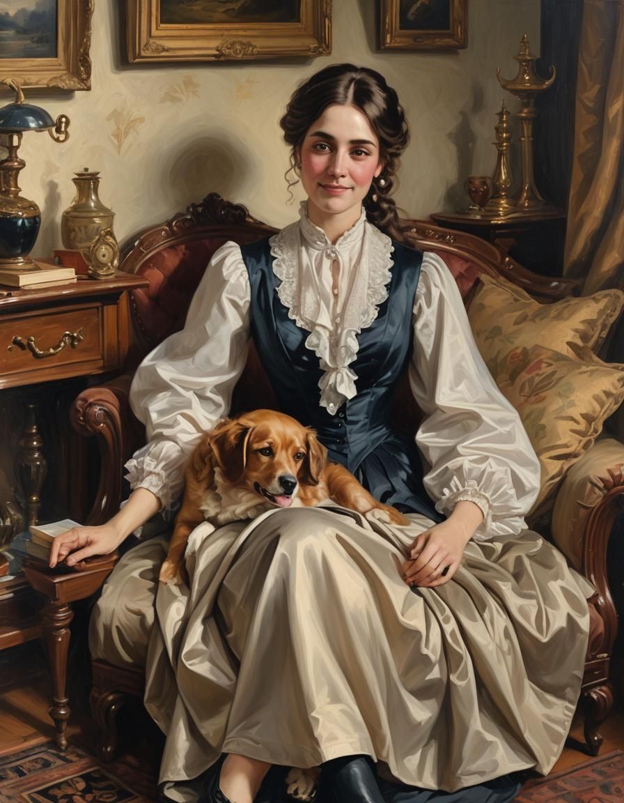 Victorian Woman Lounging with Dog, Oil on Canvas
