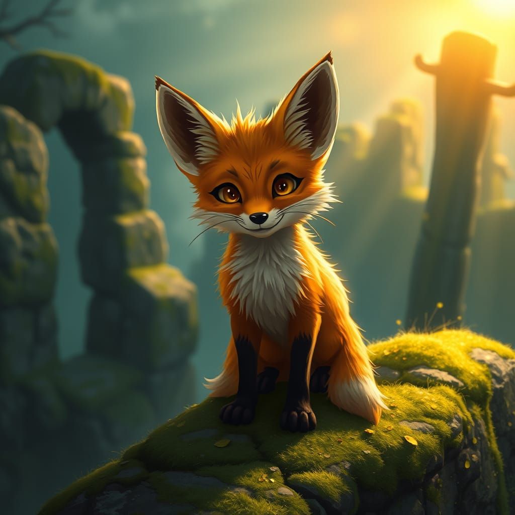 Loyal Fox on Ancient Ruins at Dawn in Painterly Style