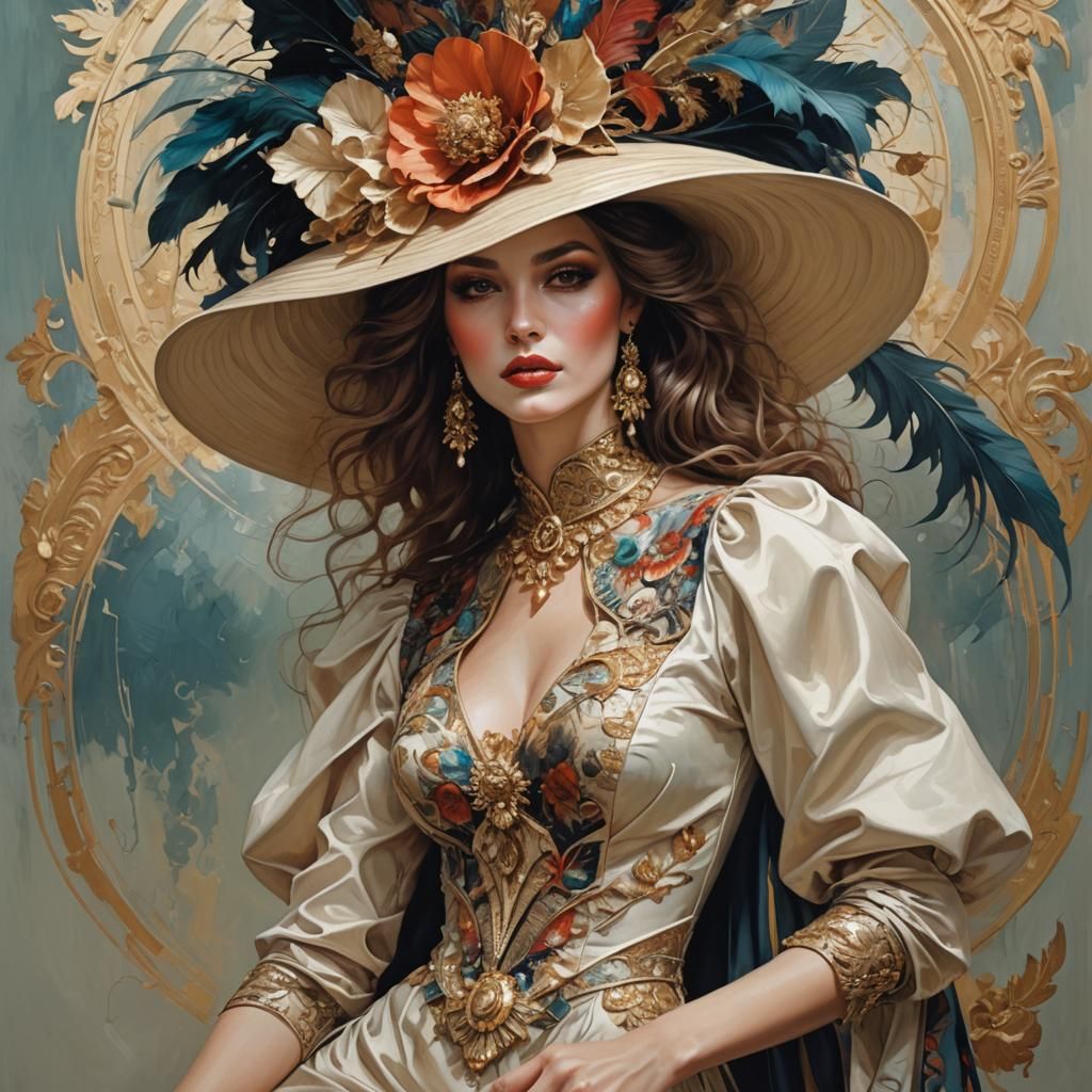 Woman with Maximalist Hat in Tachisme Style