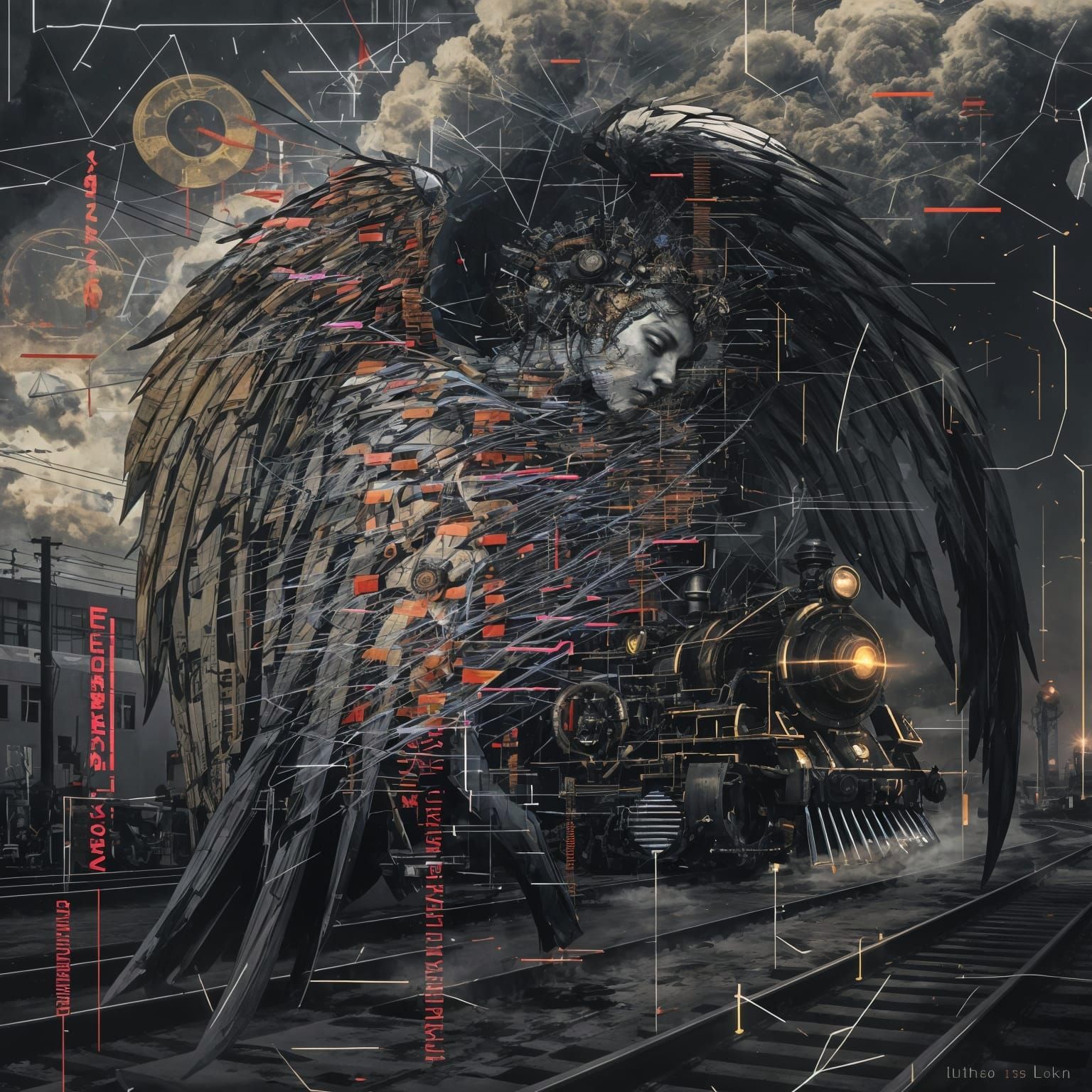 Steampunk Angel Glitching in Train Yard, Art Nouveau Style