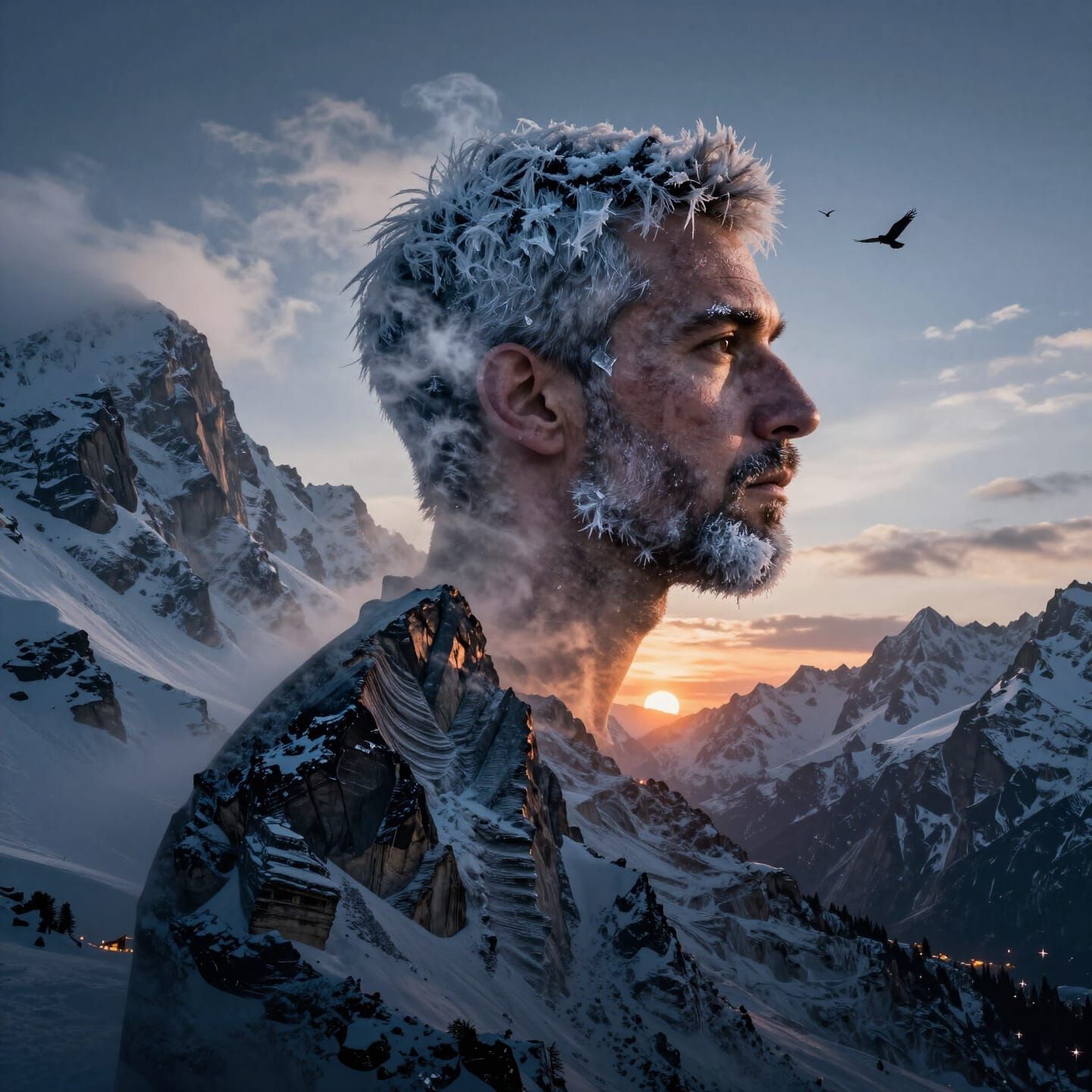 Mountain Climber's Profile Merged With Himalayan Peaks