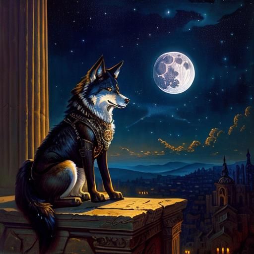 Steampunk Wolf Under Starry Night in Roman Setting
