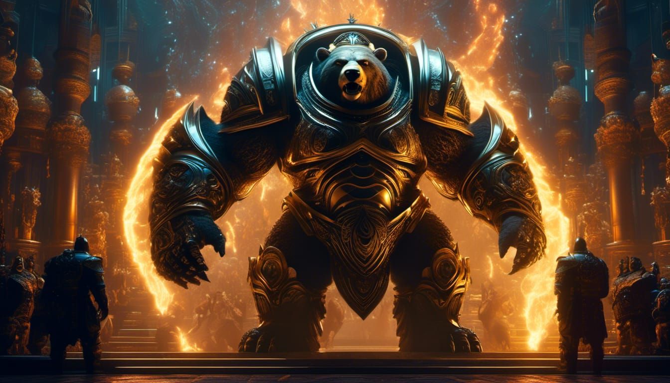 Armored Bear Knight in Woodland: Hyperrealistic Split Image